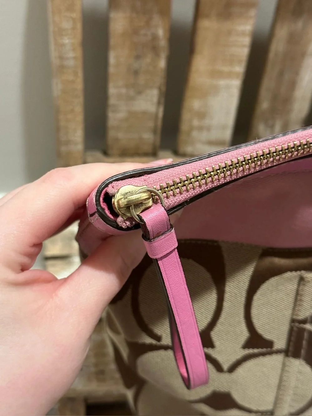 Vintage Coach Pink Signature Stripe Front Pocket Zip Top Shoulder Tote Bag